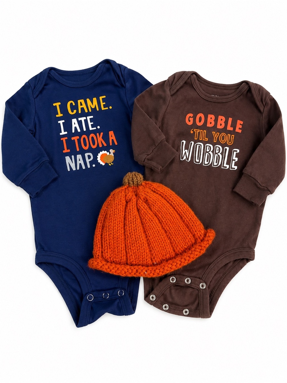 Baby Fall Thanksgiving Bundle 3M Onesies + Handmade Knit Pumpkin Hat